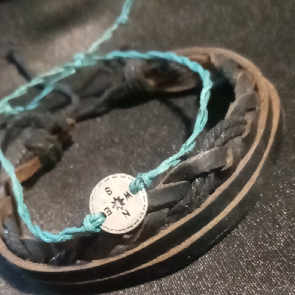 Men's Xtra LG Black and Teal Soft Slide Leather Bracelets